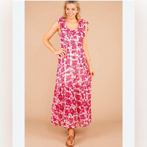 Entro Pink Faux Tie Shoulder Ruffle Tiered Maxi Dress Size Small - Picture 2 of 10